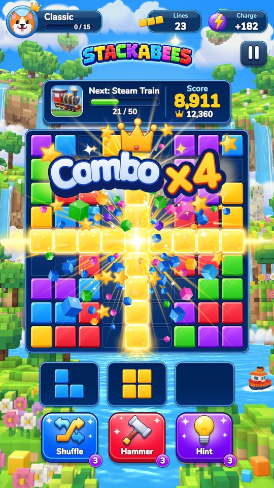 A Combo x4 celebration as a row and a column of blocks clear at the same time.